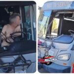 Shirtless man smoking a cigarette seen driving a “NOT IN SERVICE” city bus with no windshield in California.