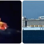 Dramatic footage of the woman’s rescue shows the moment she was spotted floating inside a lifebuoy in the dark sea